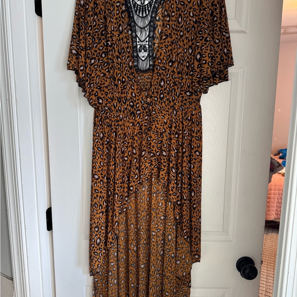 L.I.F.E. Womens Leopard Cover Up Maxi Dress High-Low large Semi Sheer Boho-Chic